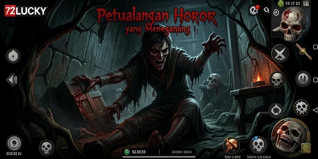 Tangkapan layar gameplay 72LUCKY dengan suasana horor yang mendebarkan.