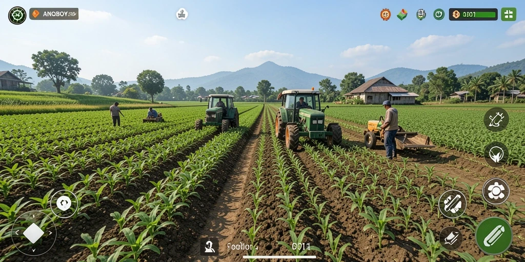 Screenshot gameplay ANOBOY menunjukkan aktivitas seru di ladang.