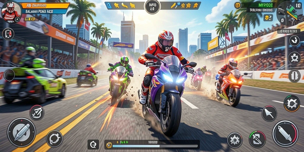 Screenshot MPO08 menunjukkan akselerasi motor balap yang mendebarkan.