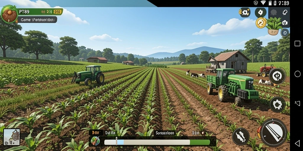 Screenshot gameplay PT89 menampilkan petani merawat tanaman hijau.
