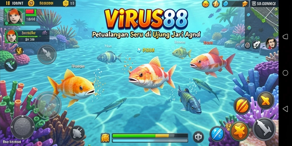 Screenshot gameplay VIRUS88 menunjukkan serunya menembak ikan berwarna-warni.