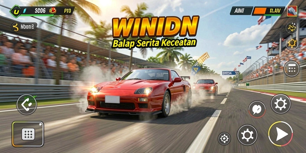 Screenshot gameplay WINIDN menampilkan balapan yang mendebarkan dan mobil yang stylish.